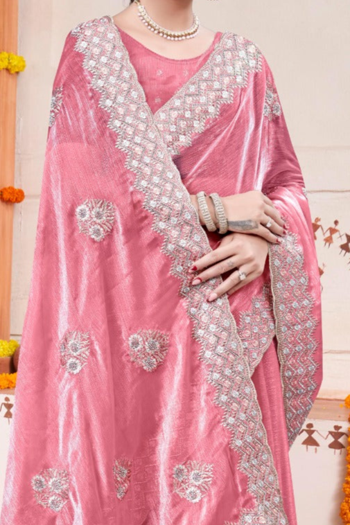 Embroidered Burberry Chiffon Pink Saree