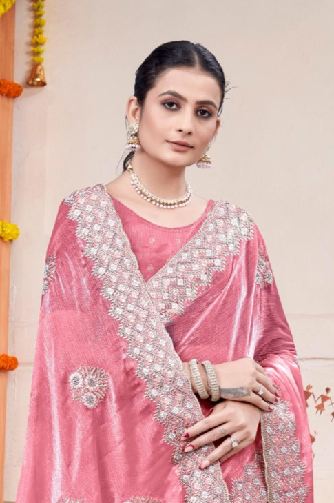 Embroidered Burberry Chiffon Pink Saree