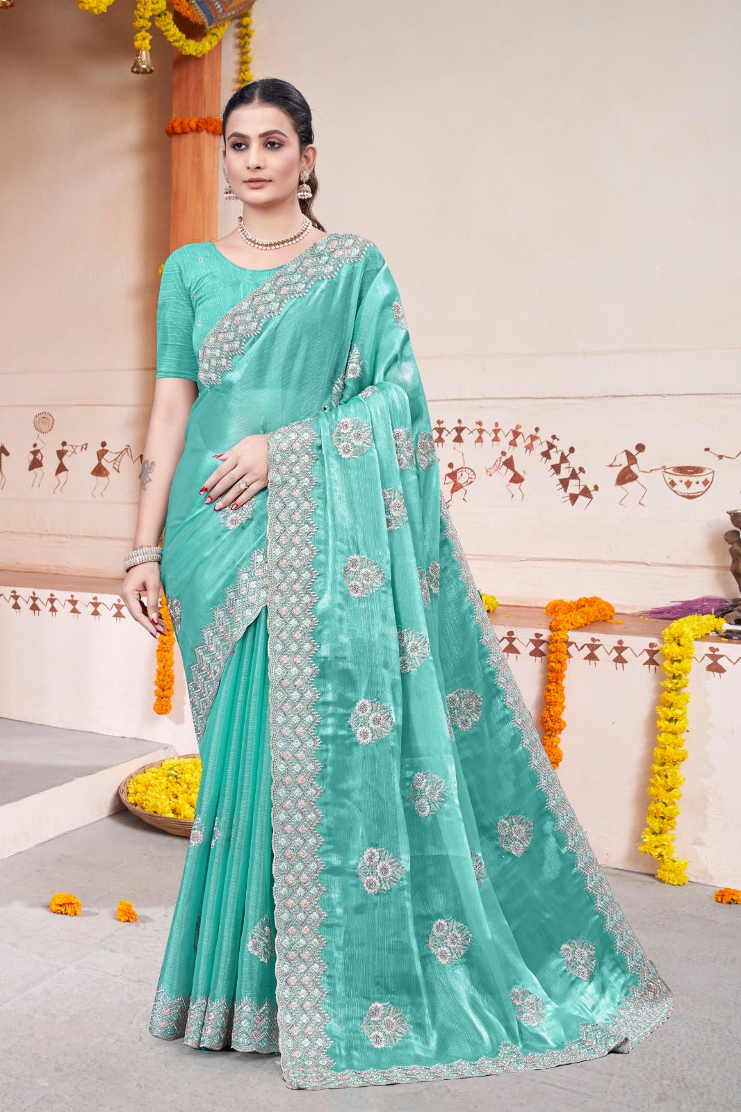 Embroidered Burberry Chiffon Turqoise Saree