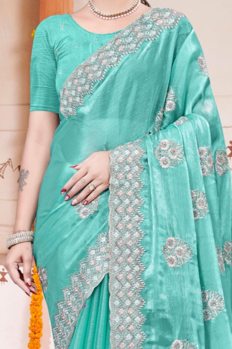 Embroidered Burberry Chiffon Turqoise Saree