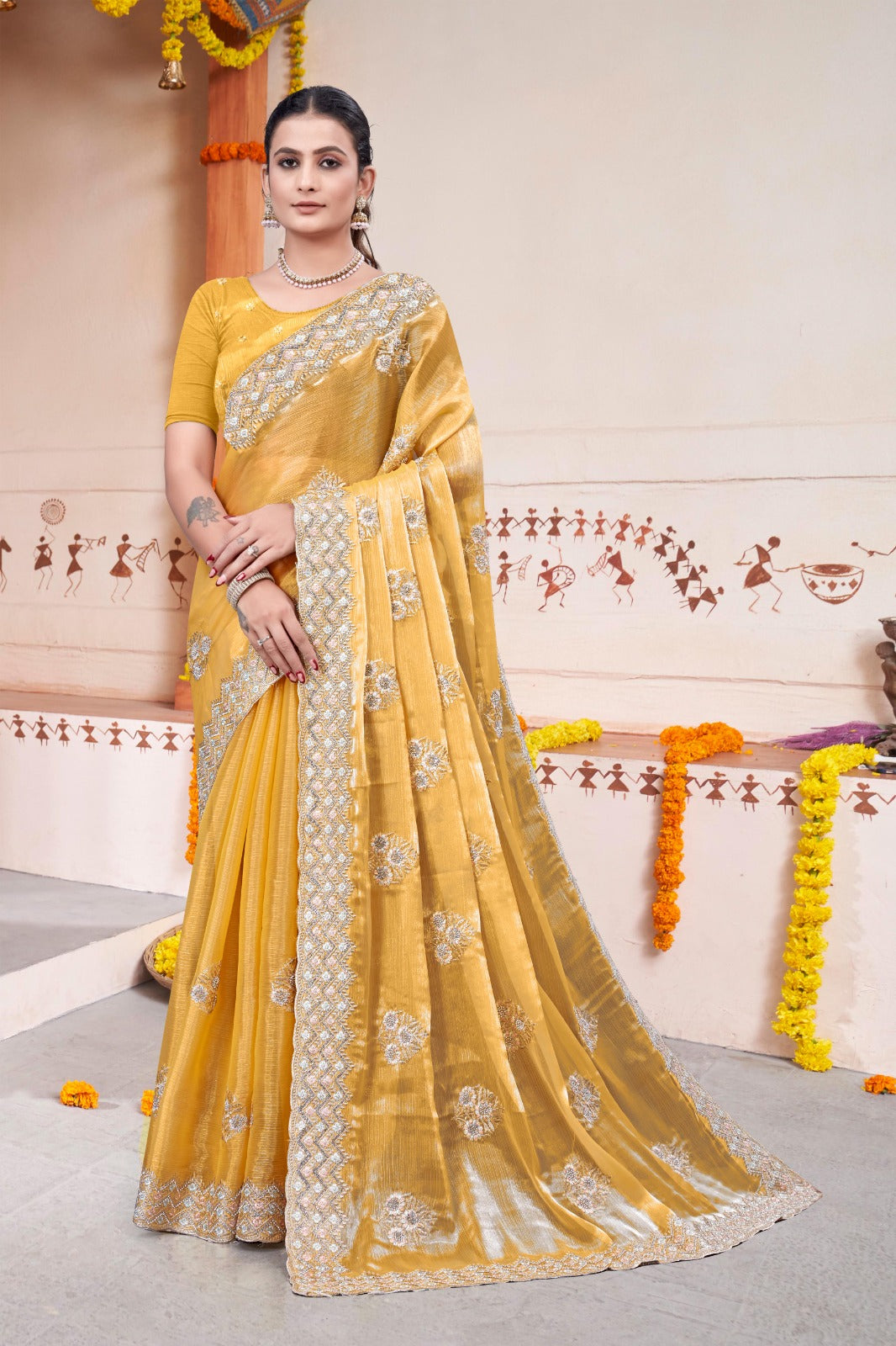 Embroidered Burberry Chiffon Yellow Saree