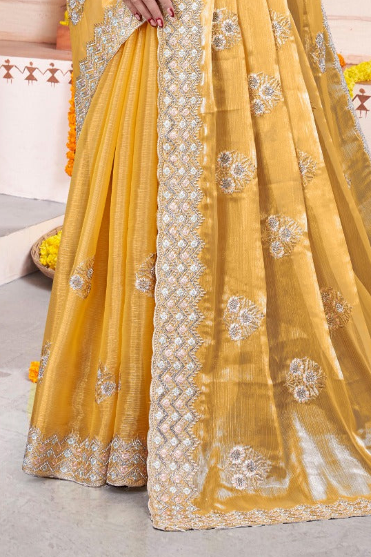 Embroidered Burberry Chiffon Yellow Saree