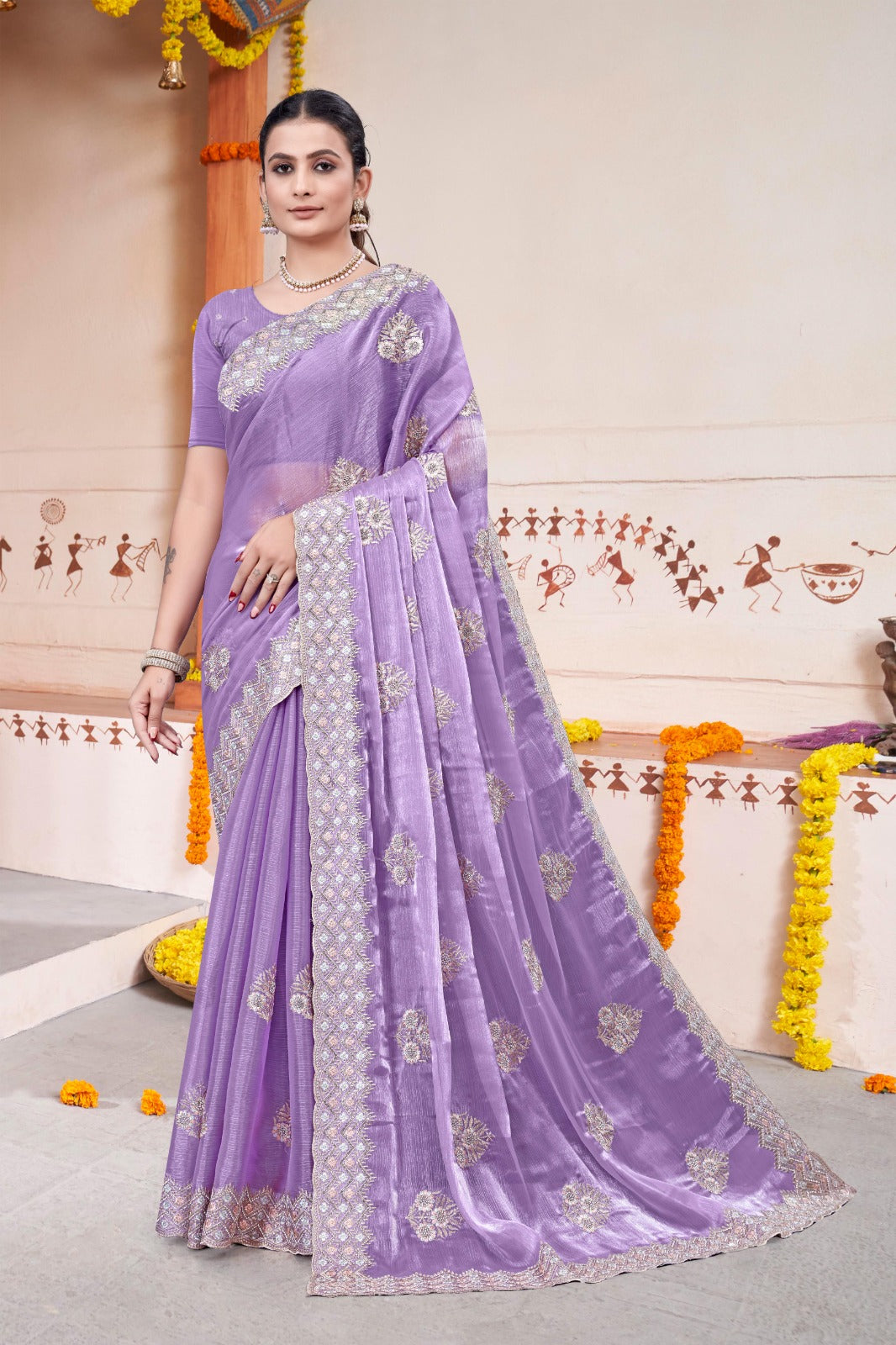 Embroidered Burberry Chiffon Lilac Saree