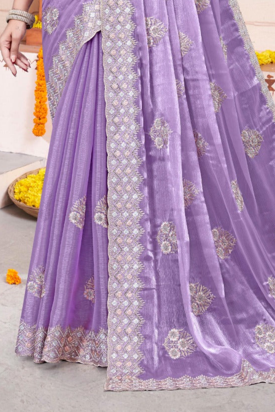 Embroidered Burberry Chiffon Lilac Saree