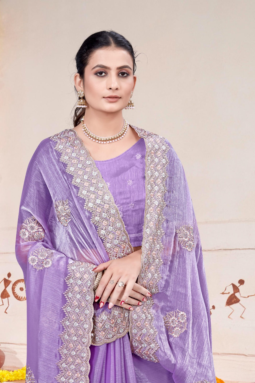 Embroidered Burberry Chiffon Lilac Saree