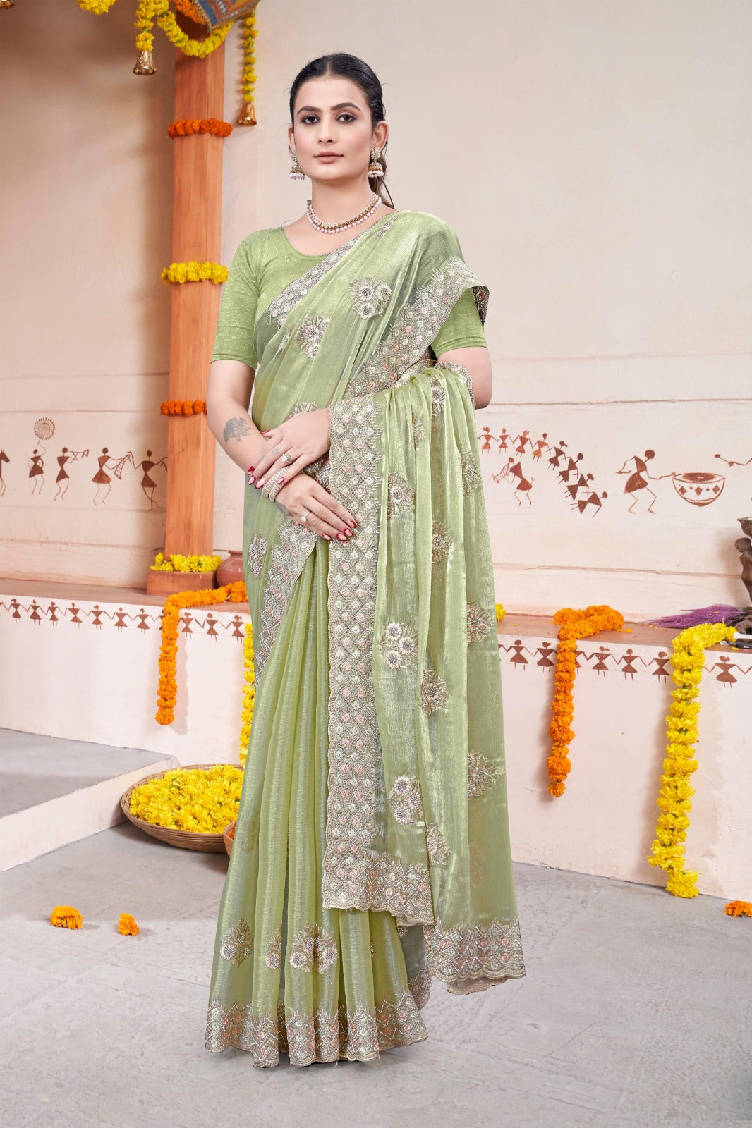 Embroidered Burberry Chiffon Light Green Saree