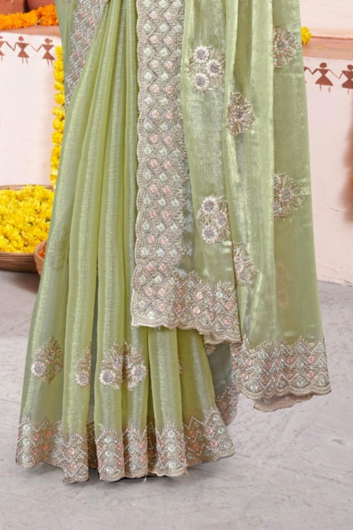 Embroidered Burberry Chiffon Light Green Saree