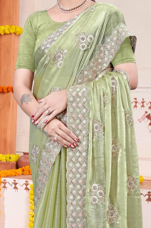 Embroidered Burberry Chiffon Light Green Saree