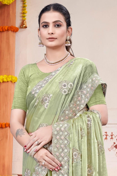 Embroidered Burberry Chiffon Light Green Saree