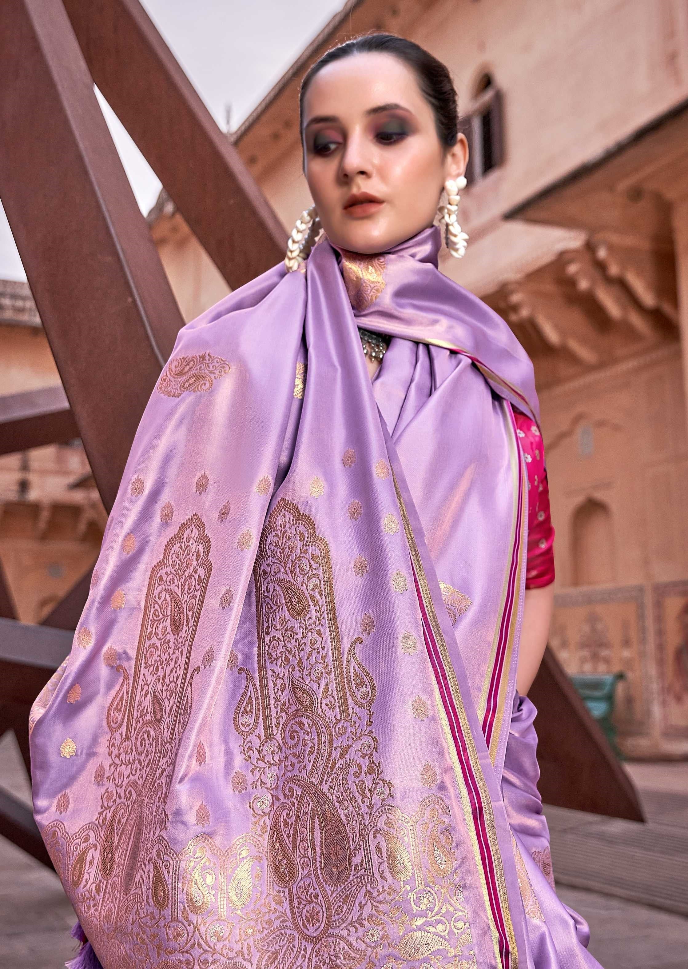 Lilac Satin Silk Saree with Intricate Woven Zari Butti