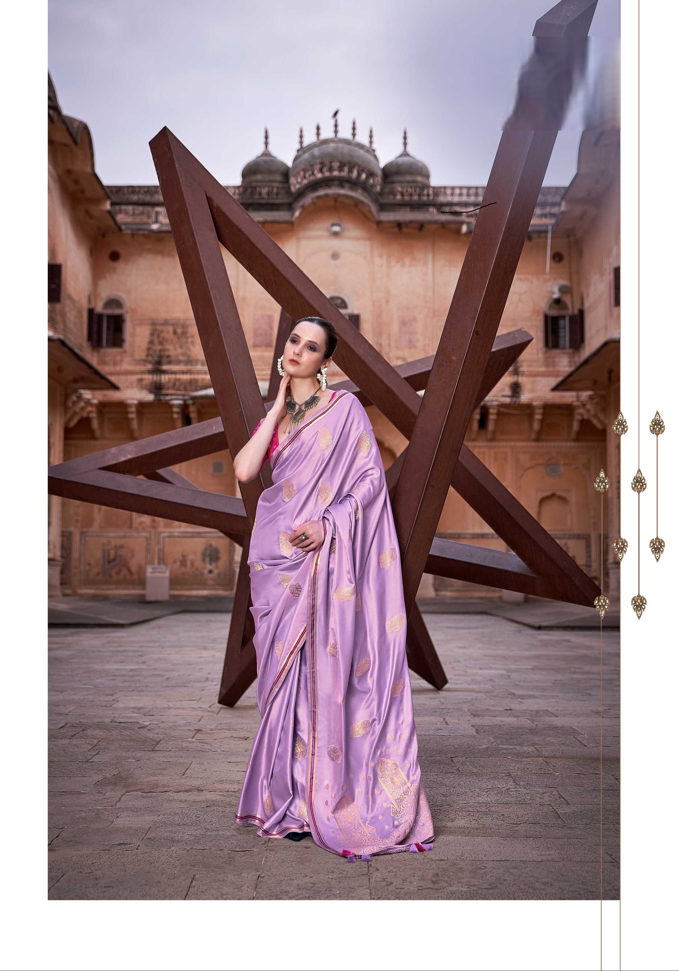 Lilac Satin Silk Saree with Intricate Woven Zari Butti