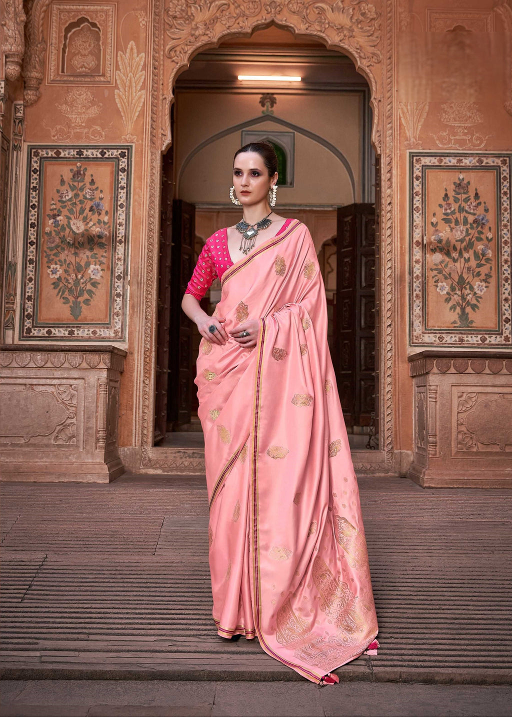 Peach Satin Silk Saree with Intricate Woven Zari Butti