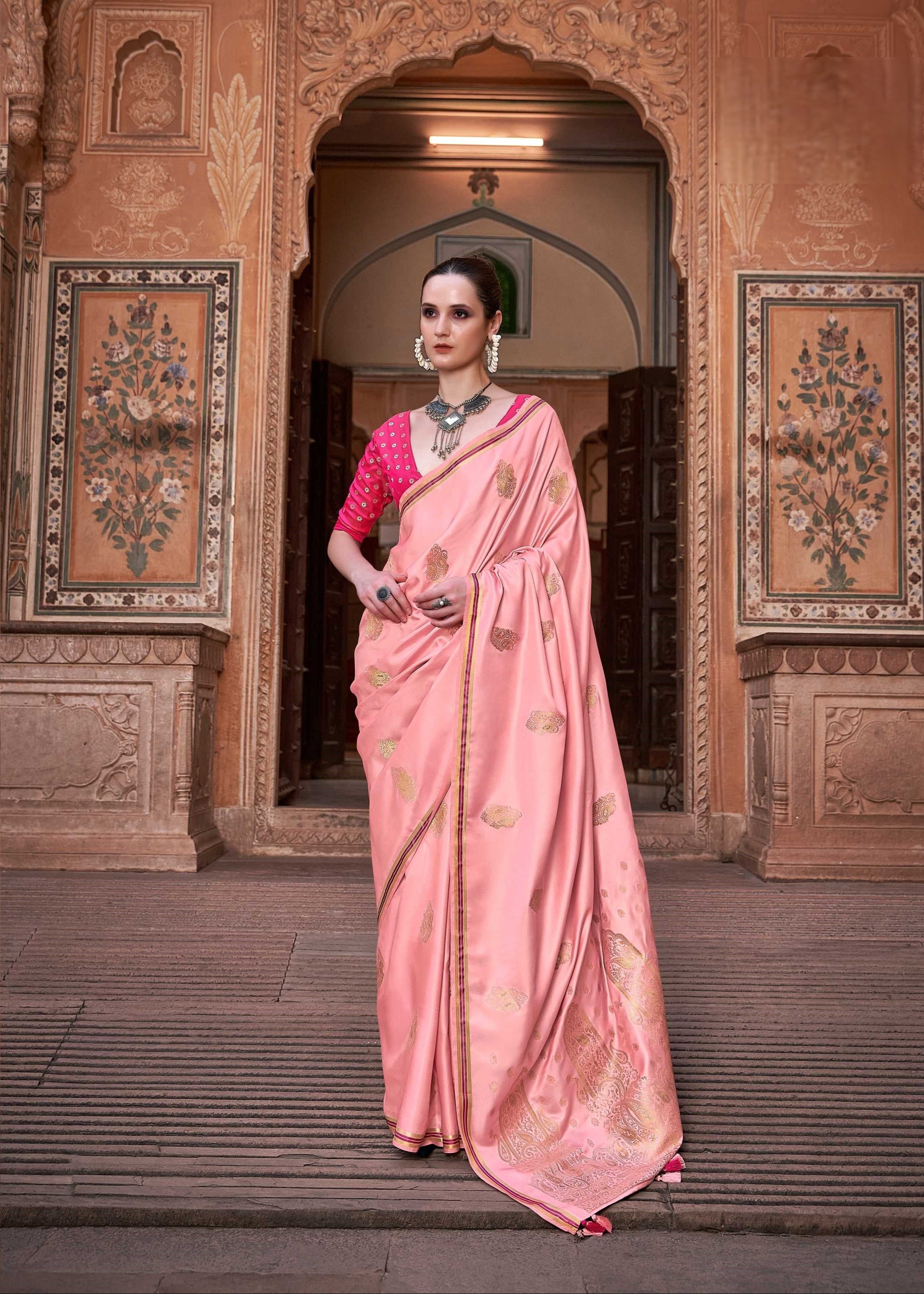 Peach Satin Silk Saree with Intricate Woven Zari Butti