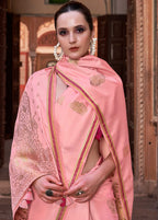 Peach Satin Silk Saree with Intricate Woven Zari Butti