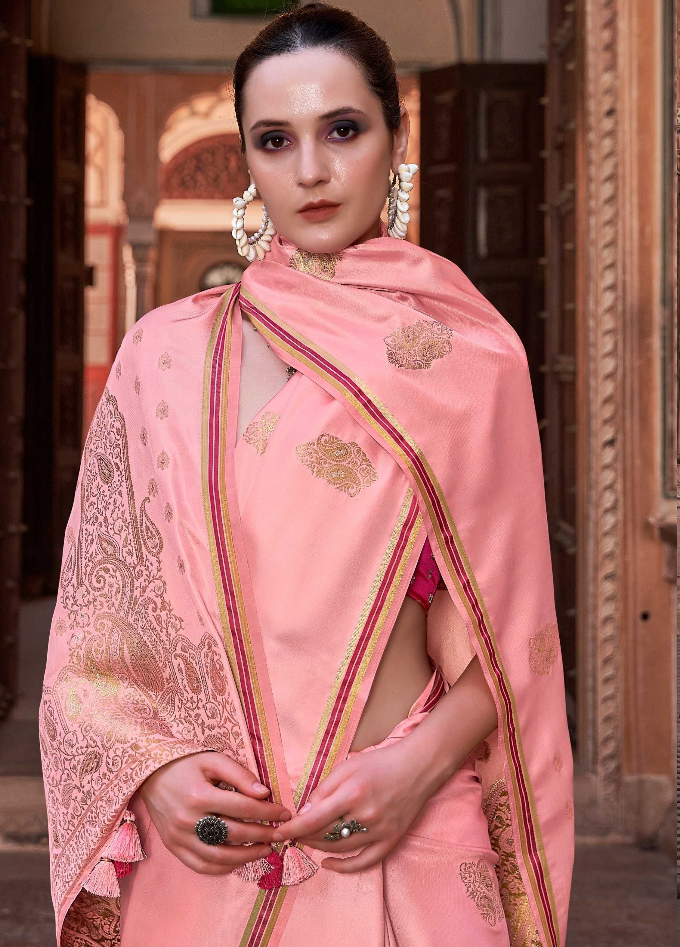 Peach Satin Silk Saree with Intricate Woven Zari Butti