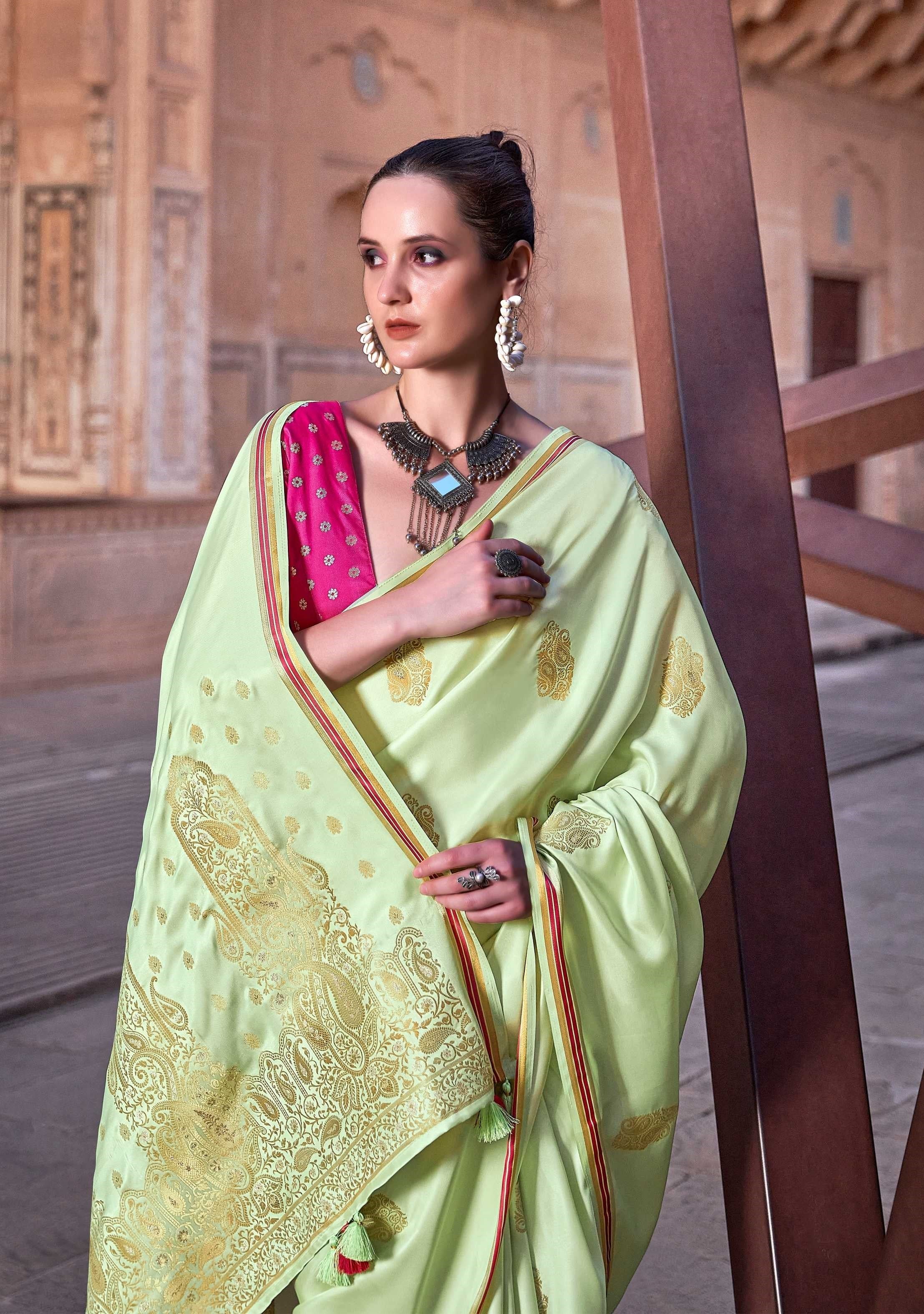 Green Satin Silk Saree with Intricate Woven Zari Butti