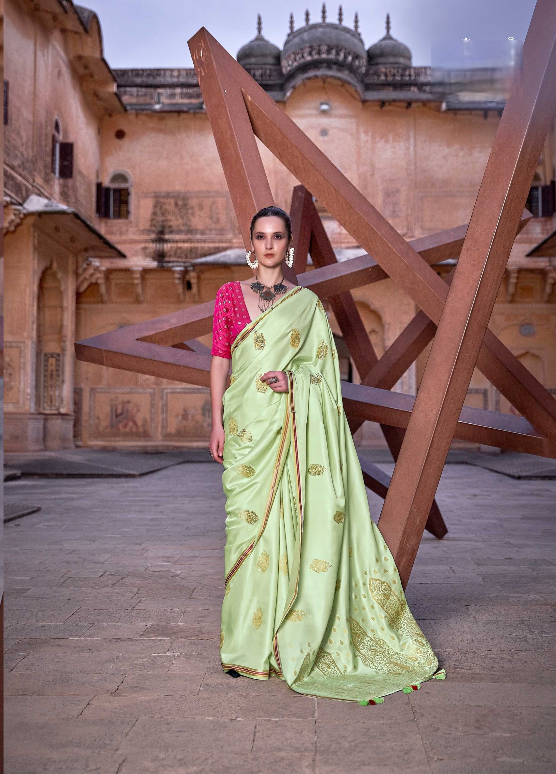 Green Satin Silk Saree with Intricate Woven Zari Butti