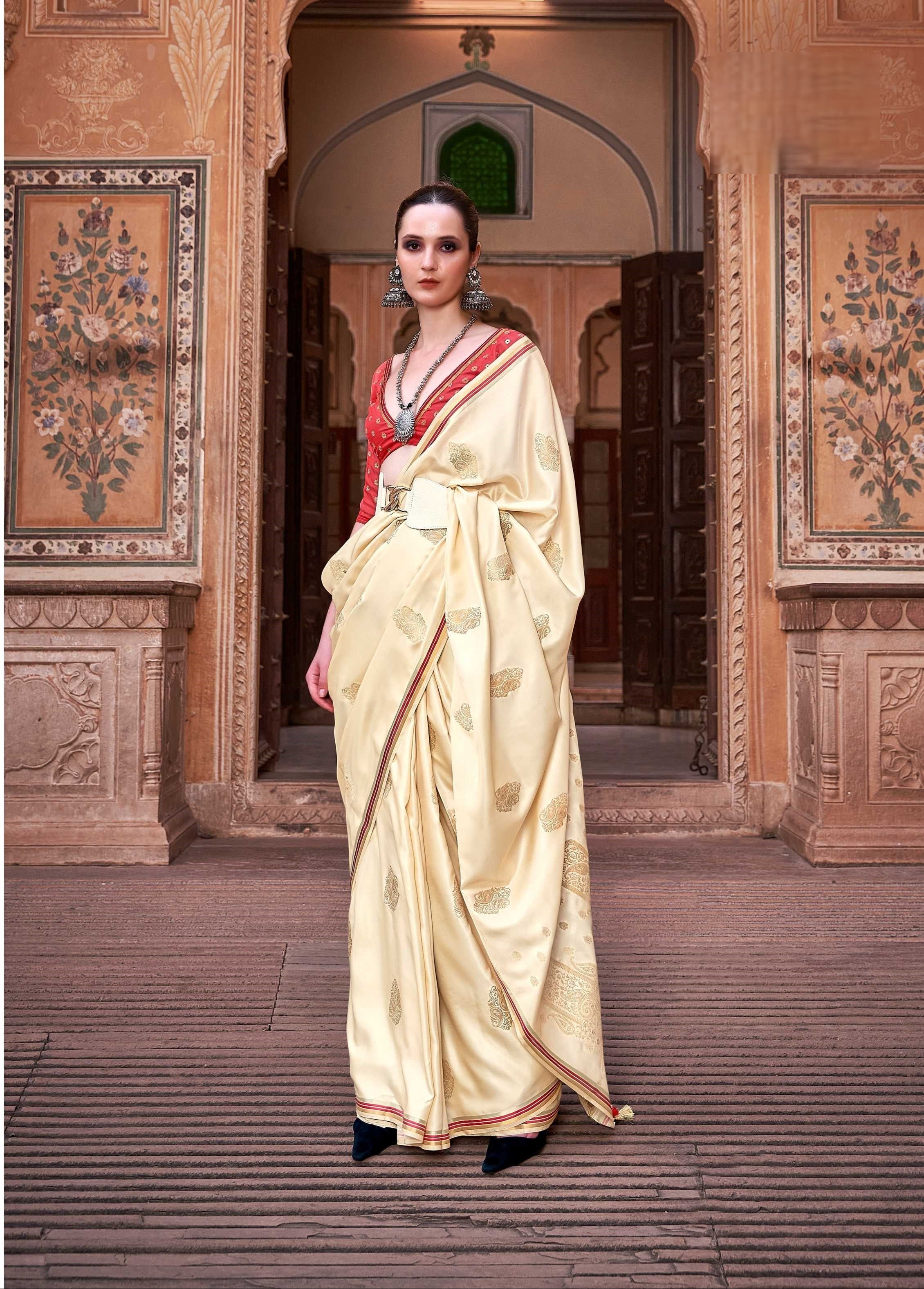 Yellow Satin Silk Saree with Intricate Woven Zari Butti