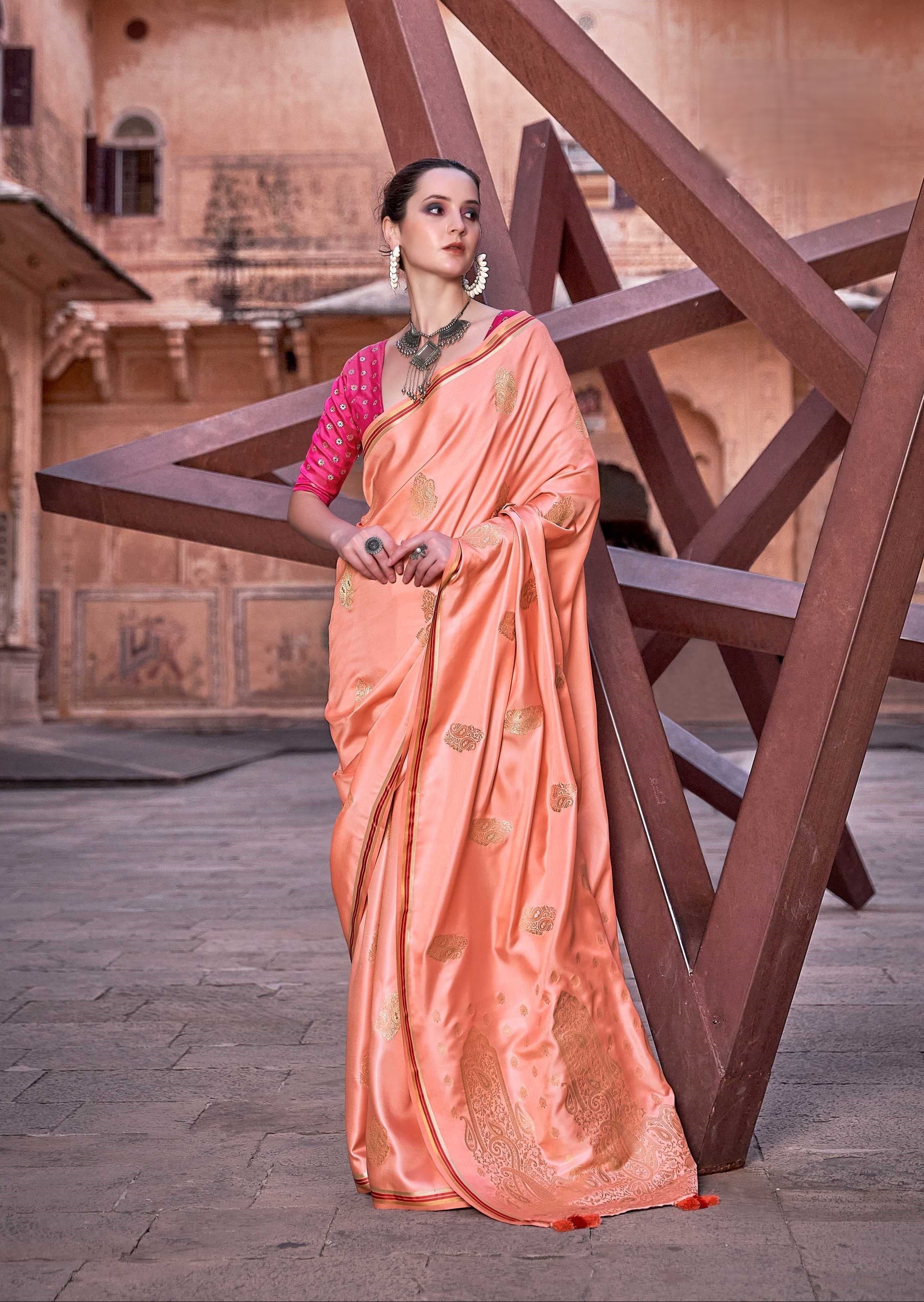 Orange Satin Silk Saree with Intricate Woven Zari Butti