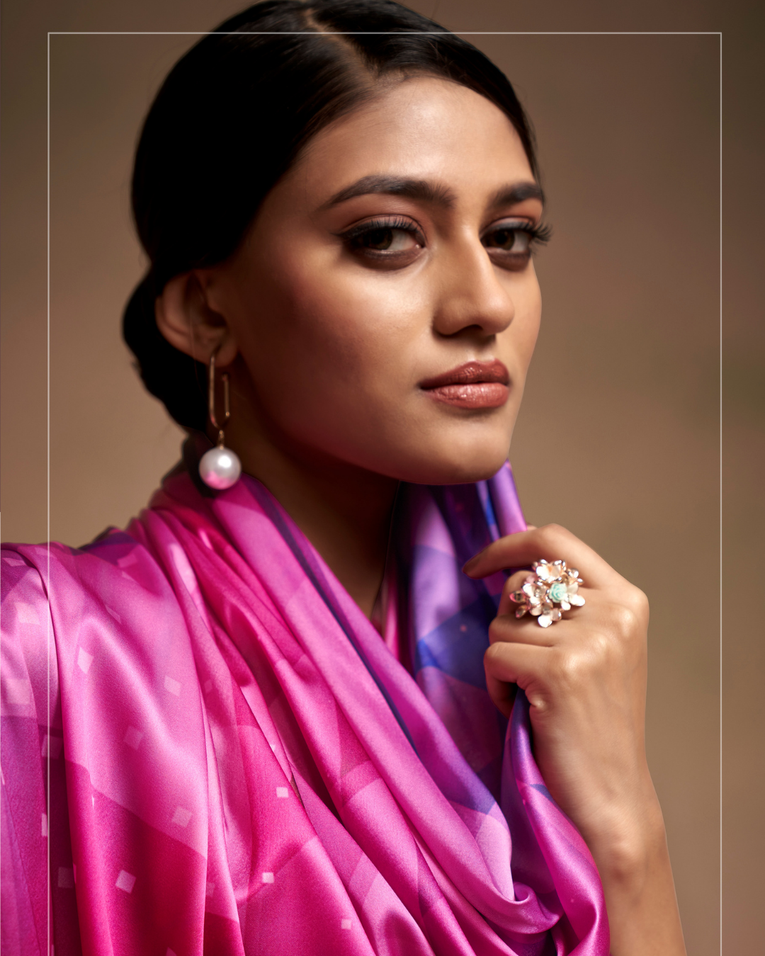 Pink Satin saree with Digital Print