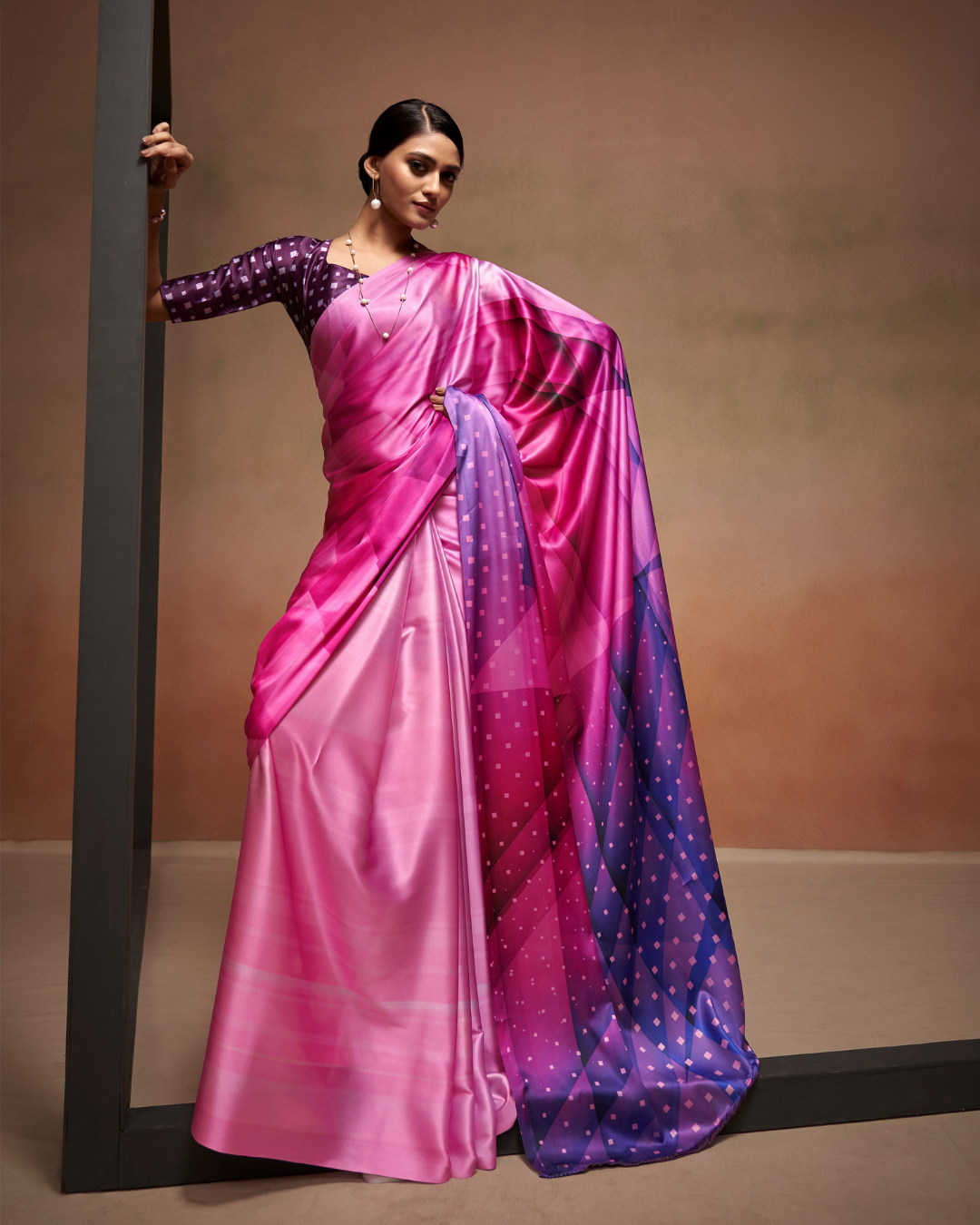 Pink Satin saree with Digital Print