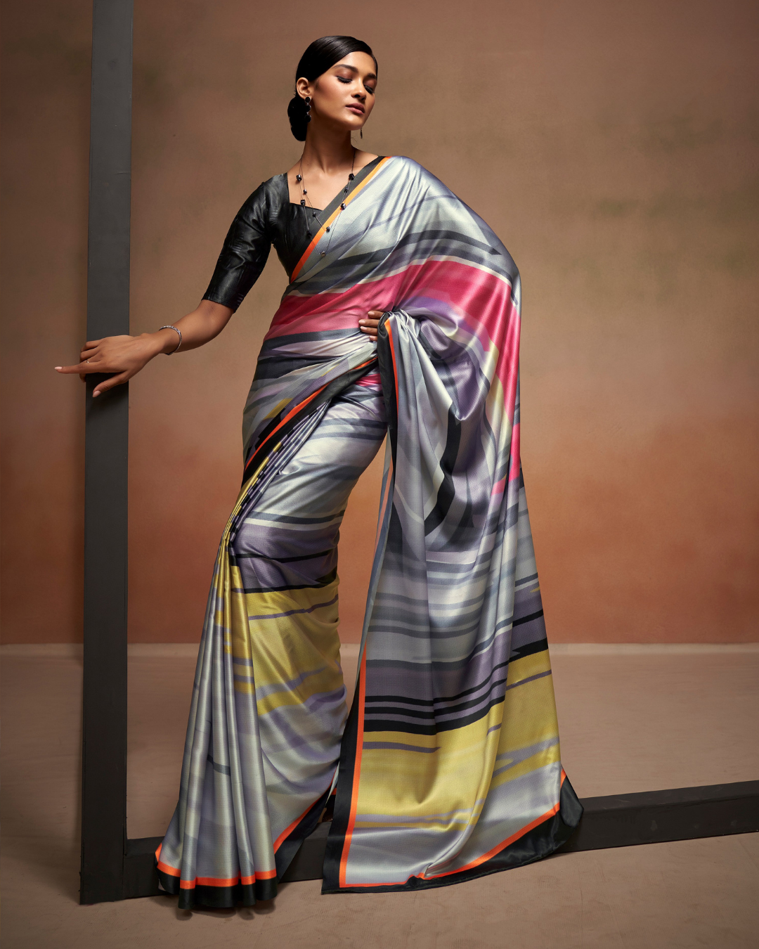 Grey Satin saree with Digital Print