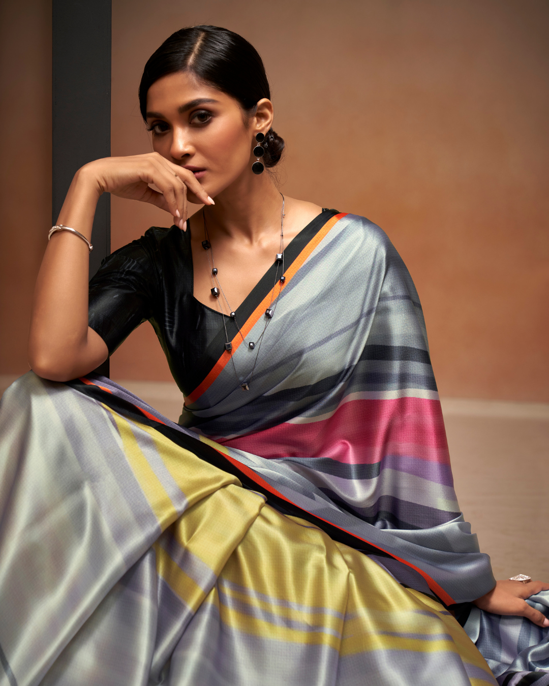 Grey Satin saree with Digital Print