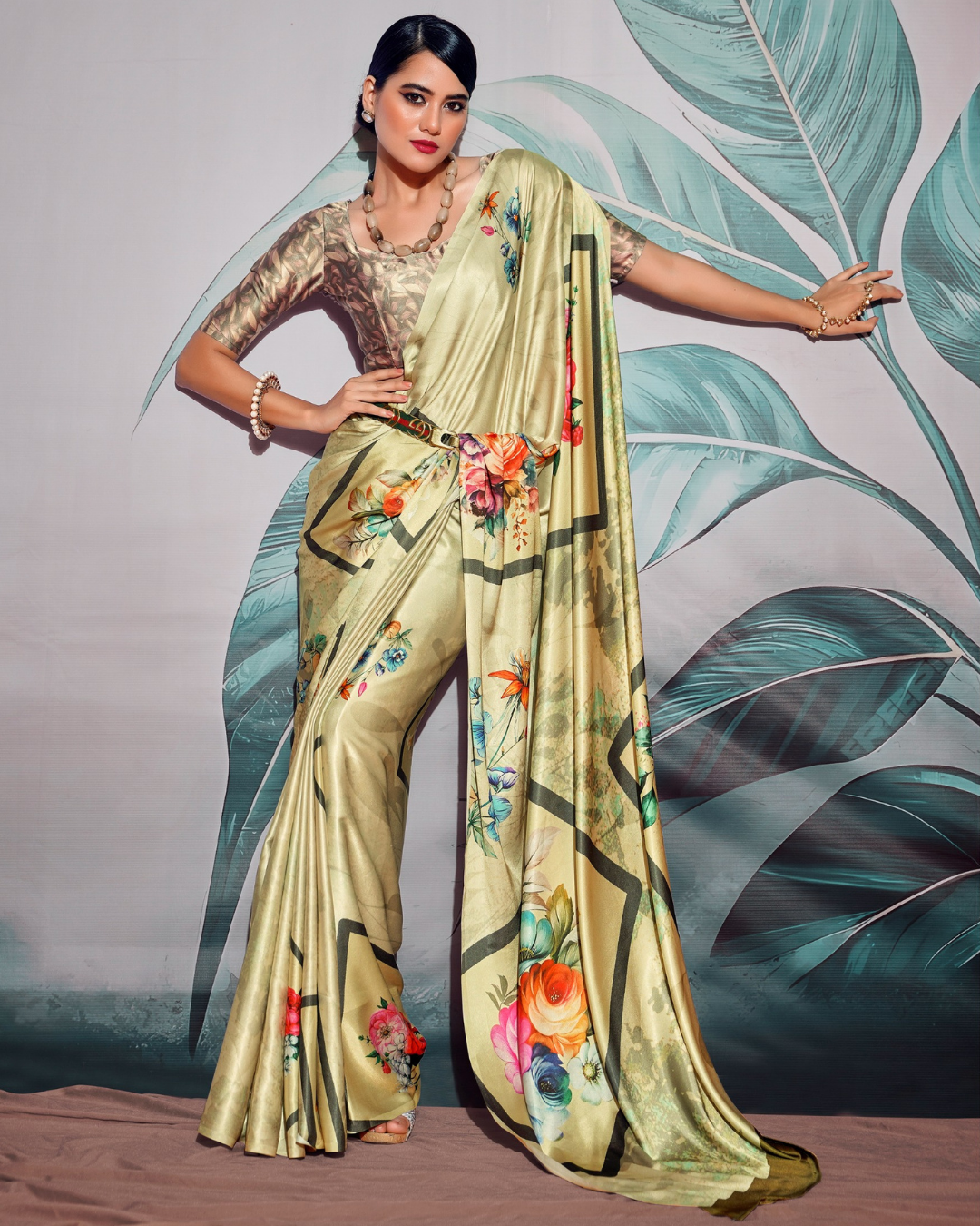 Mustard Soft Satin Digital Print Saree