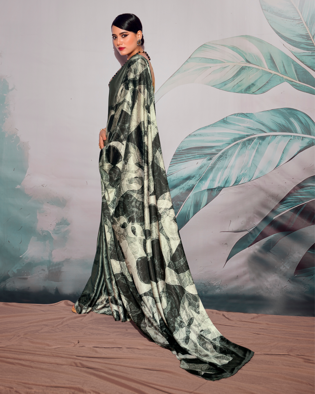 Black and white  Soft Satin Digital Print Saree