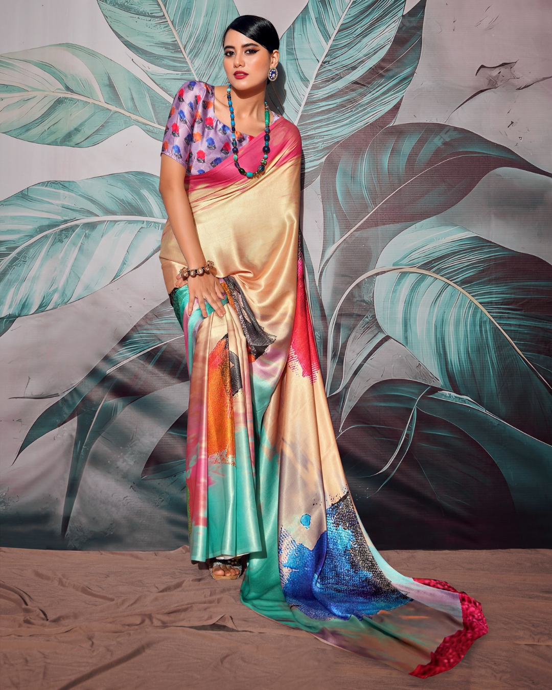 Beige multicoloured  Soft Satin Digital Print Saree