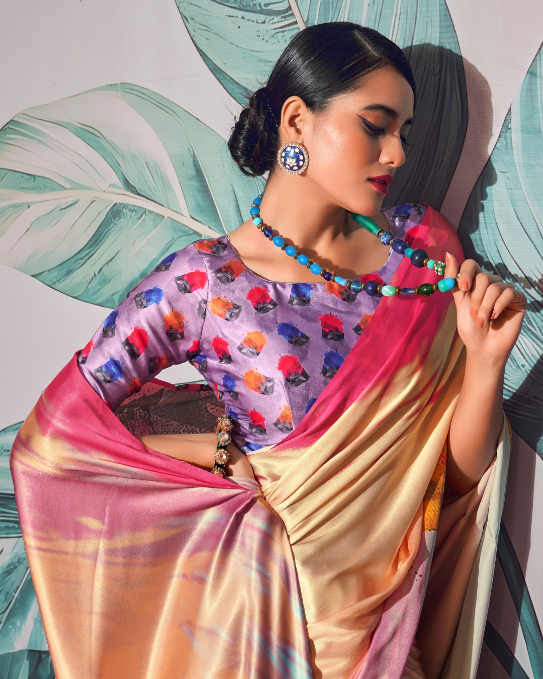 Beige multicoloured  Soft Satin Digital Print Saree