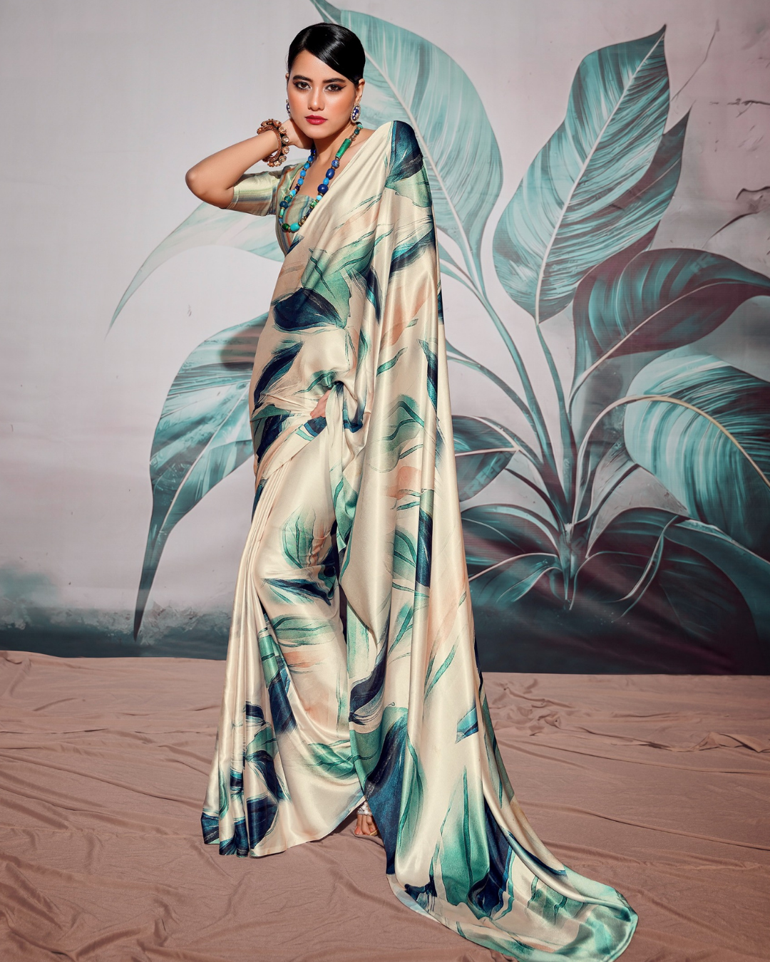 White Soft Satin Digital Print Saree