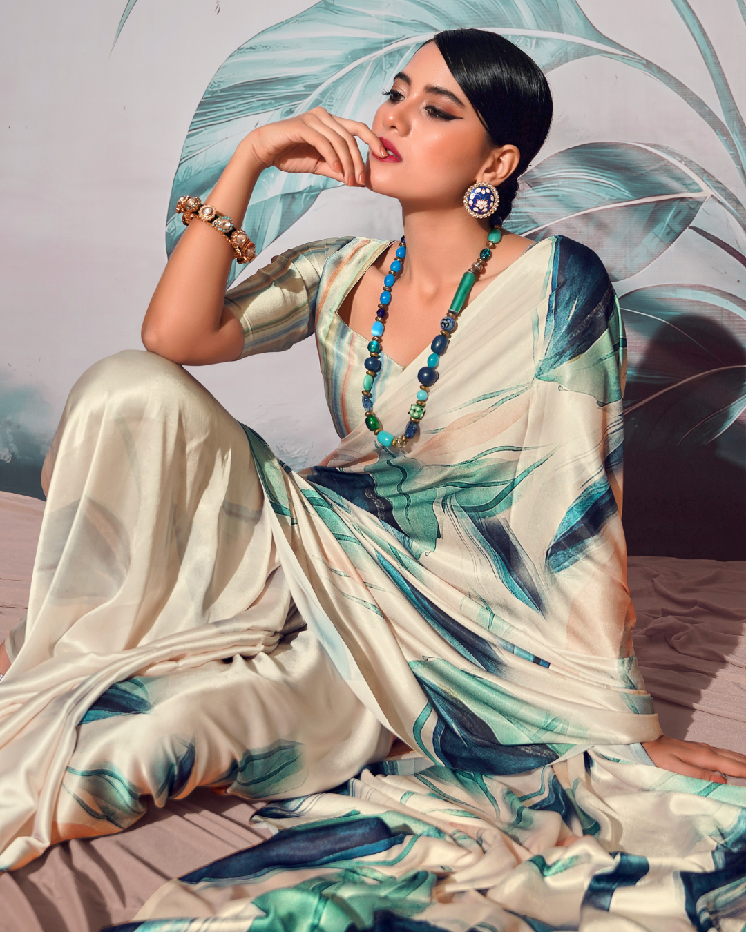 White Soft Satin Digital Print Saree