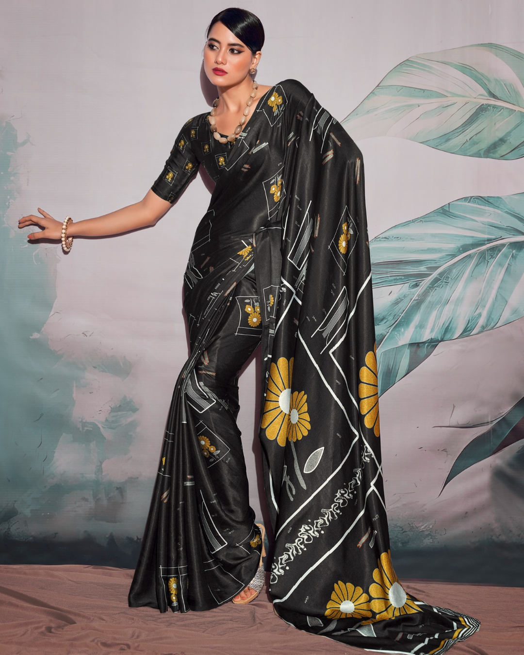Black  Soft Satin Digital Print Saree