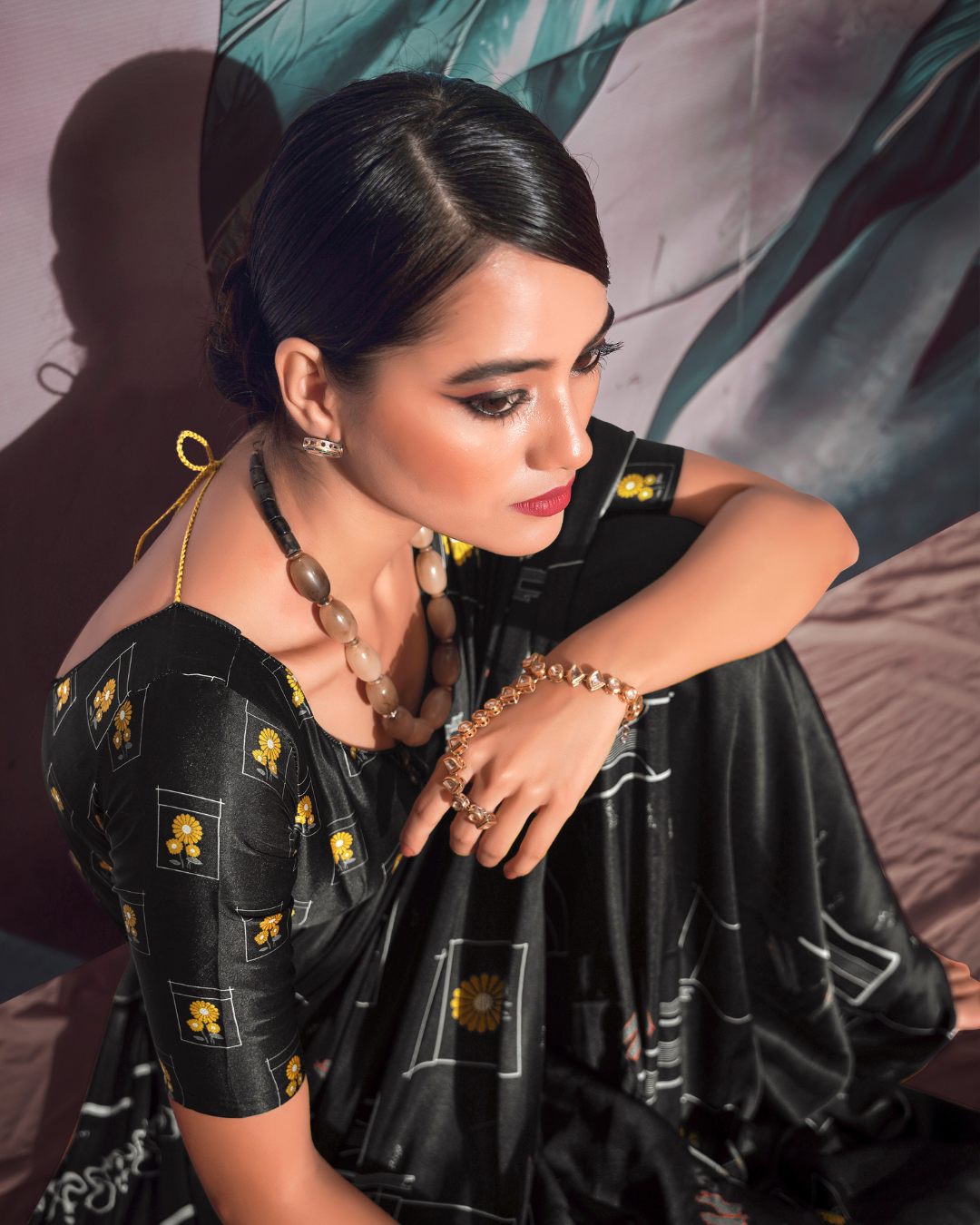 Black  Soft Satin Digital Print Saree