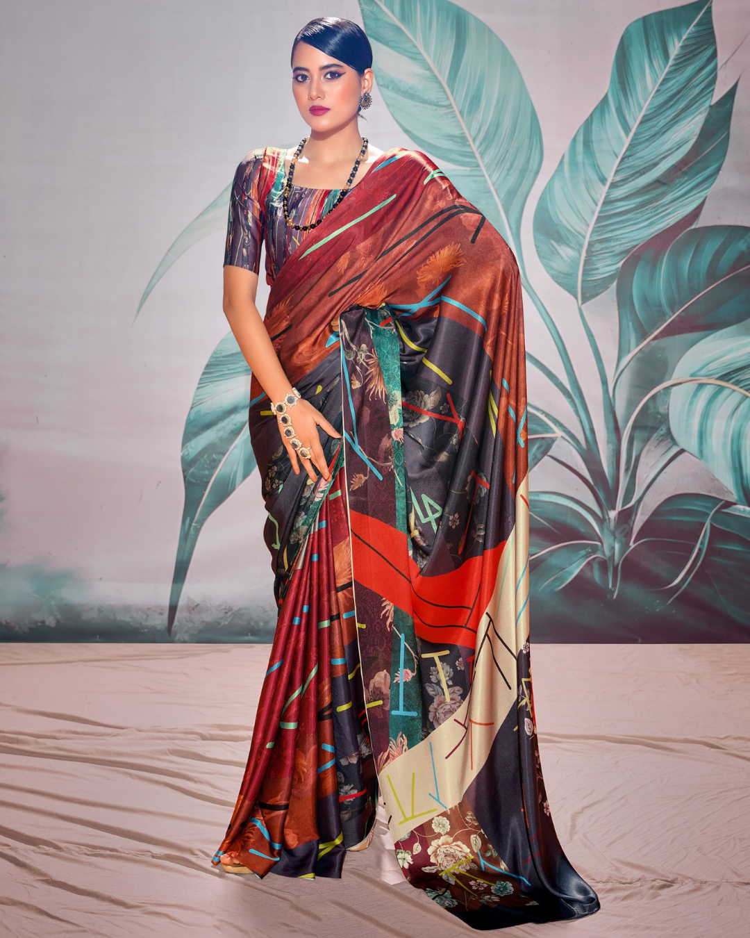 Brown and black Soft Satin Digital Print Saree