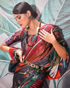 Brown and black Soft Satin Digital Print Saree