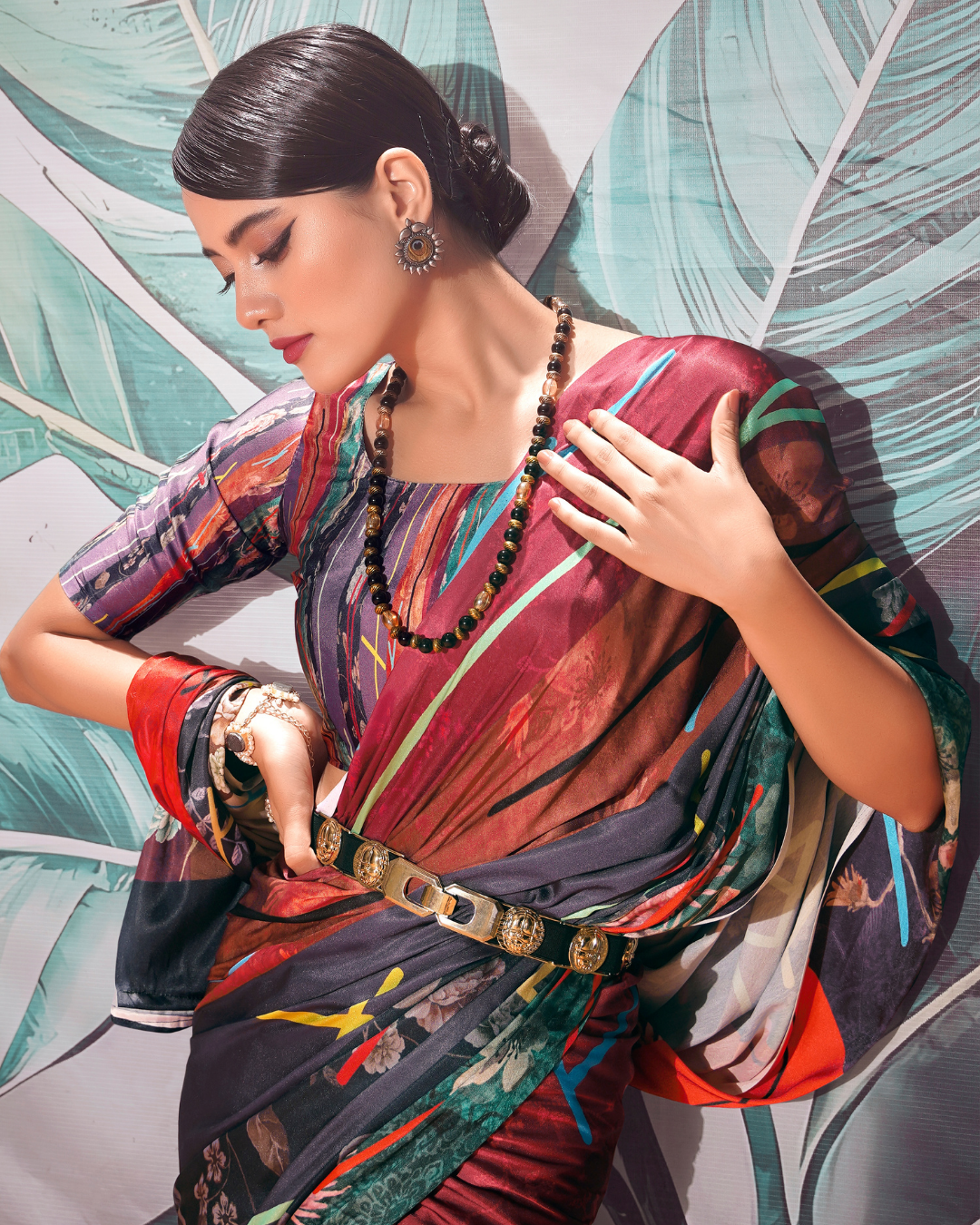 Brown and black Soft Satin Digital Print Saree
