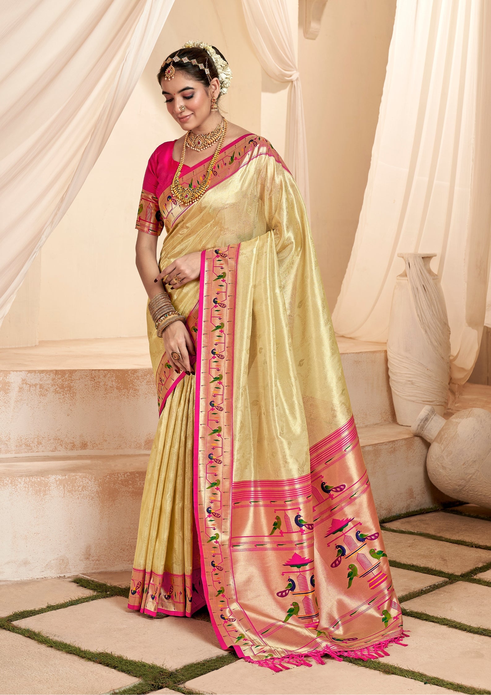 Pure Paithani Tissue Gold Silk With Zari Border