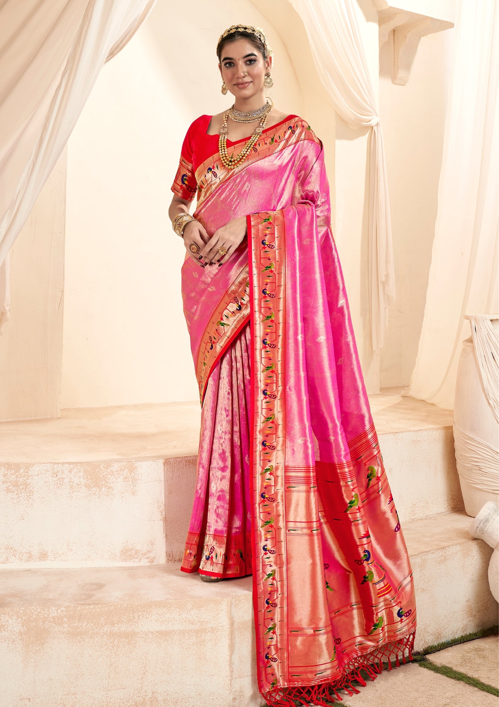 Pure Paithani Tissue Pink Silk With Zari Border