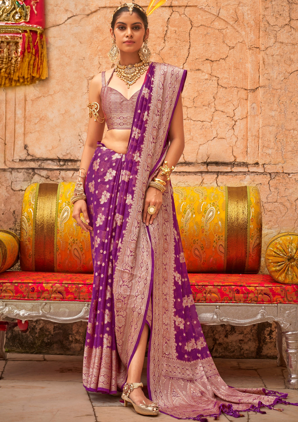 PURPLE GEORGETTE SAREE WITH WEAVING BUTA BORDER