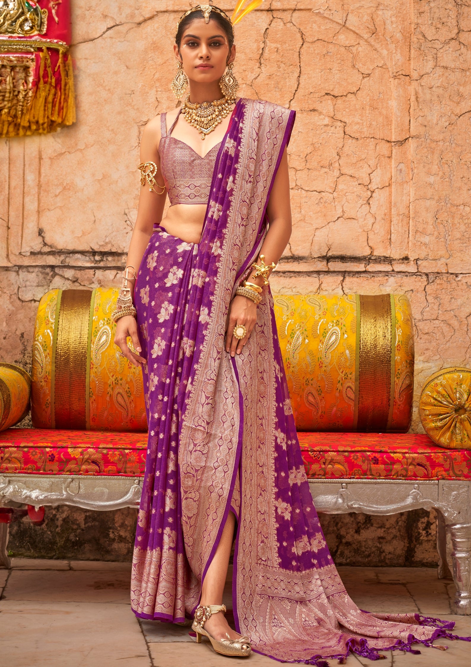 PURPLE GEORGETTE SAREE WITH WEAVING BUTA BORDER