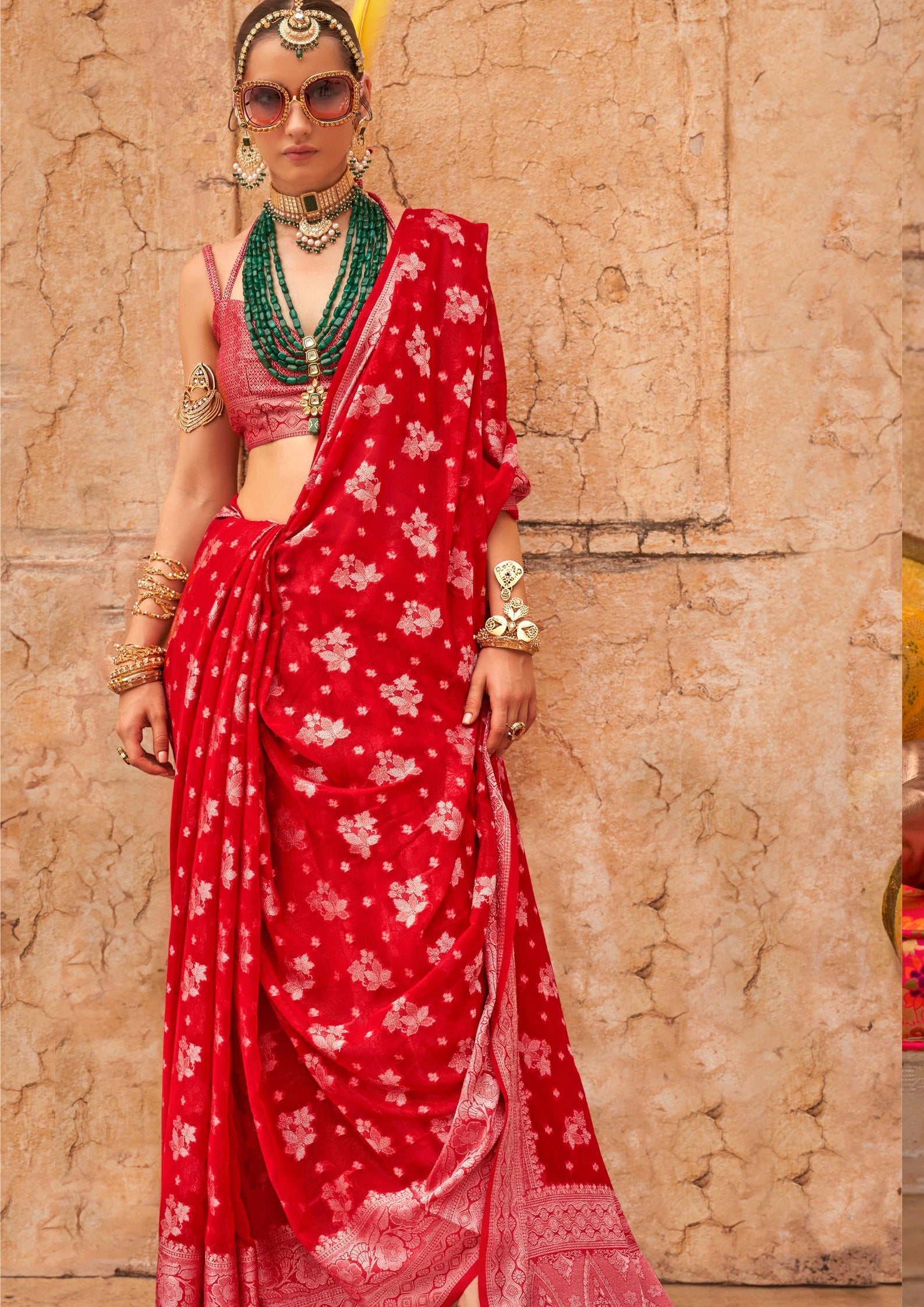 RED GEORGETTE SAREE WITH WEAVING BUTA BORDER