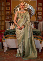 OLIVE GREEN TUSSER SILK WITH DIGITAL PRINTED ZARI BORDER SAREE