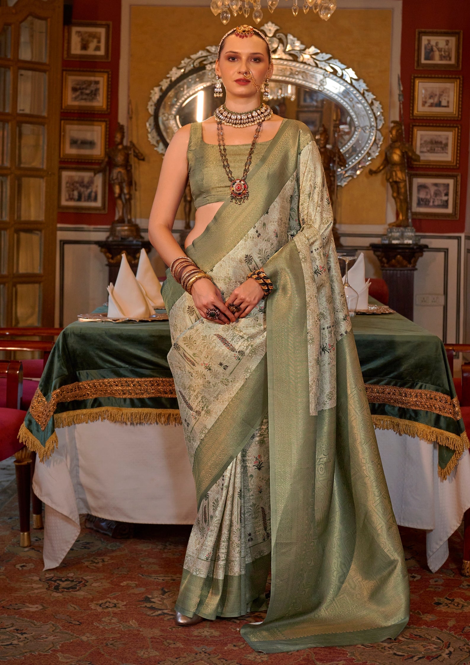 OLIVE GREEN TUSSER SILK WITH DIGITAL PRINTED ZARI BORDER SAREE