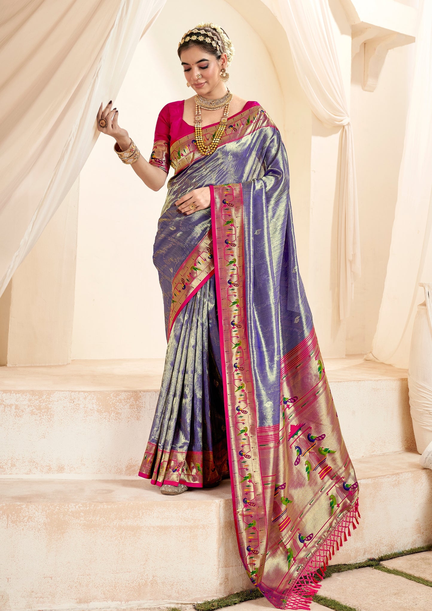 Pure Paithani Tissue Purple Silk With Zari Border