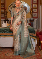GREY TUSSER SILK WITH DIGITAL PRINTED ZARI BORDER SAREE