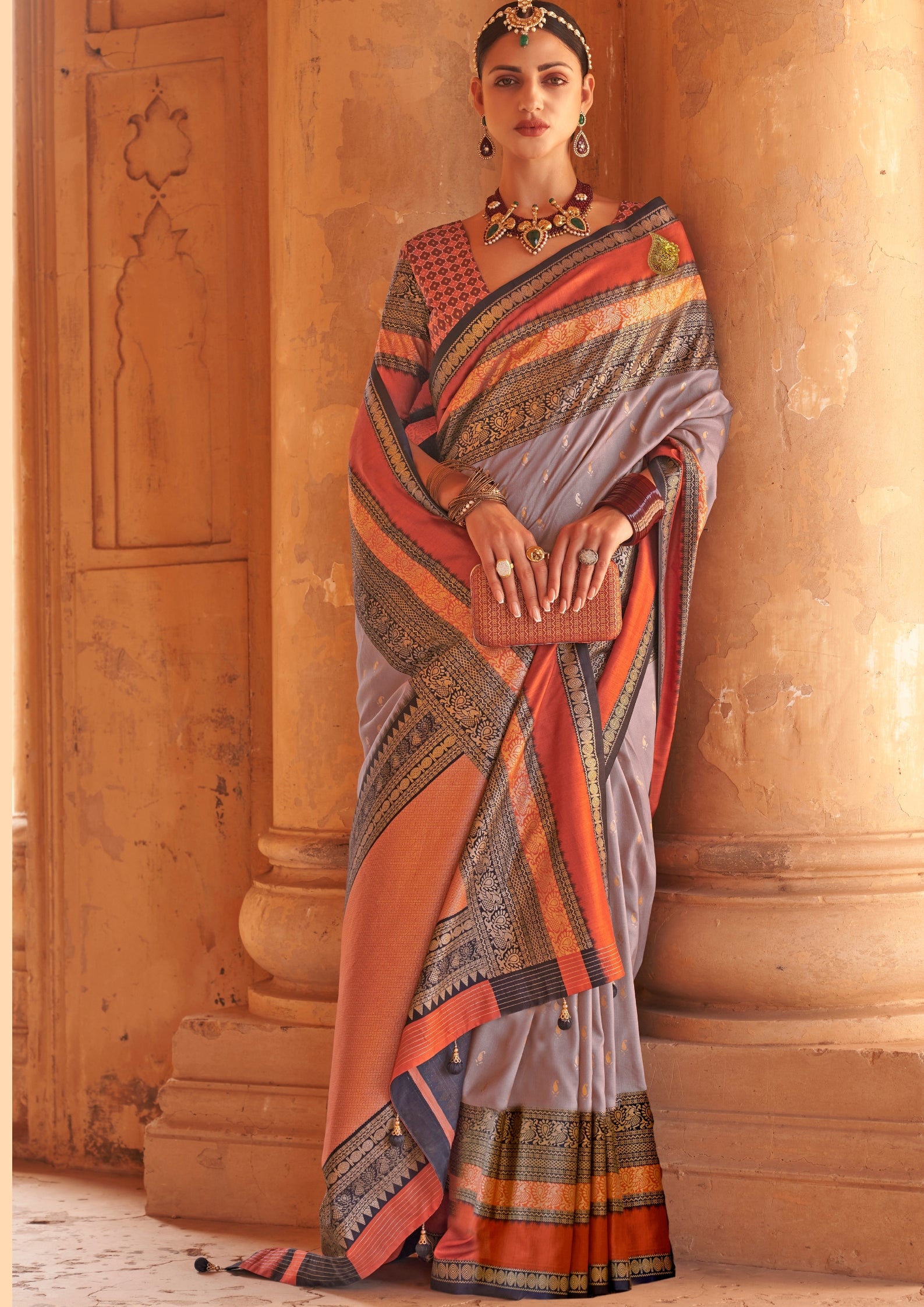 Light Grey Silk Saree With Patola Blouse