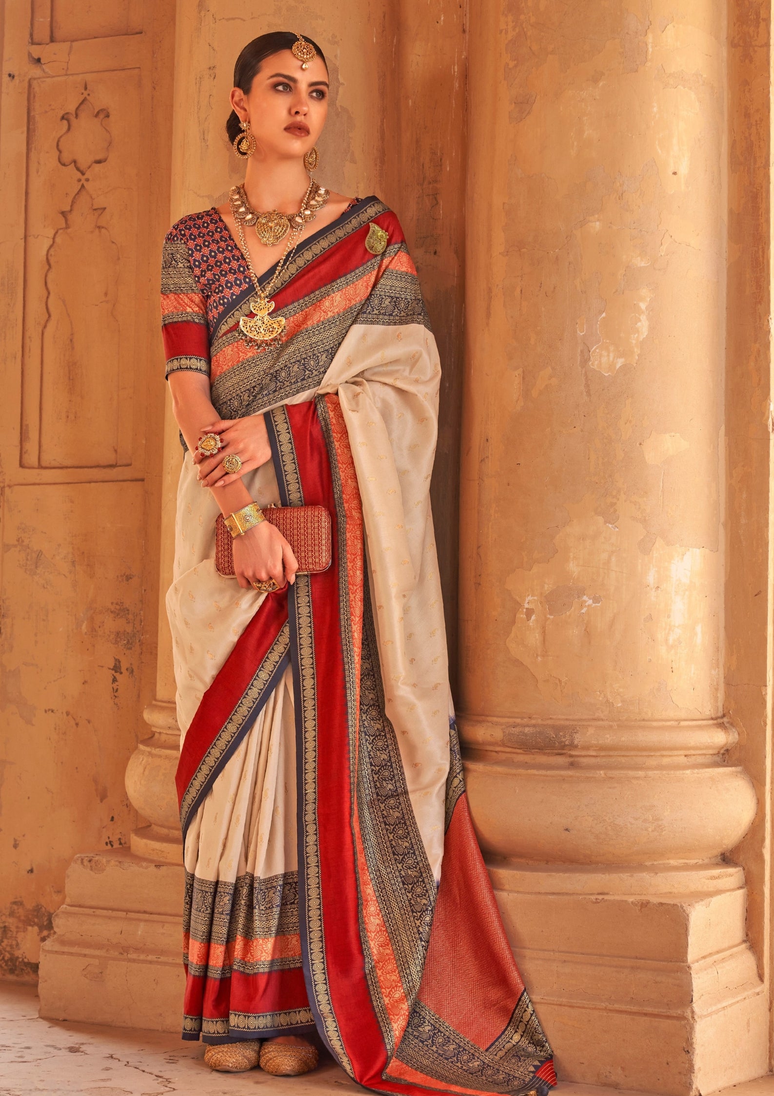 Cream Silk Saree With Patola Blouse