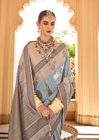 Pastel Blue Raw Silk Saree With Foil And Khadi Print